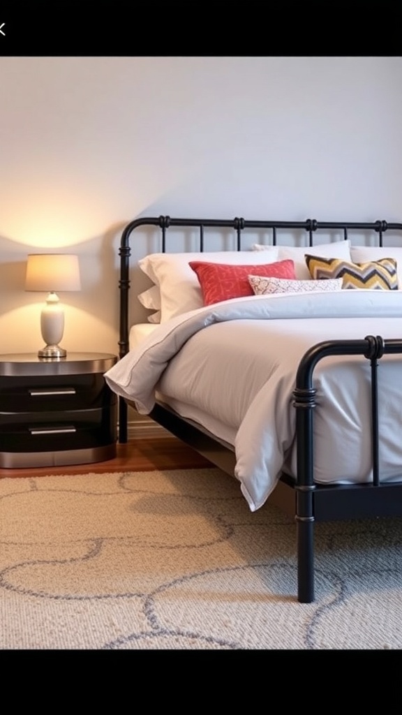 A modern metal bed frame with white bedding and colorful pillows in a cozy bedroom.